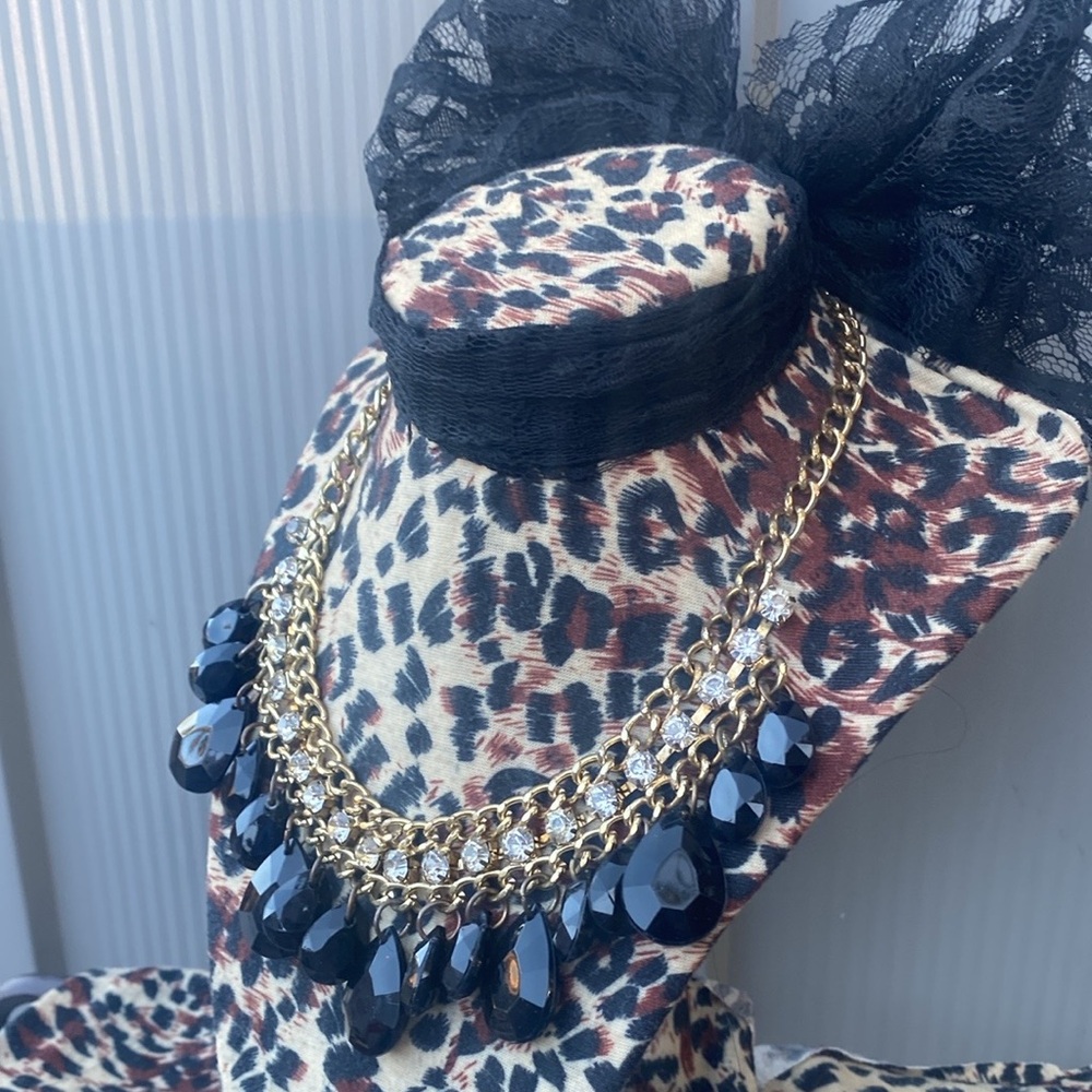 Double Gold Tone Chain Clear Rhinestone Black Teardrop Bead Bib Necklace